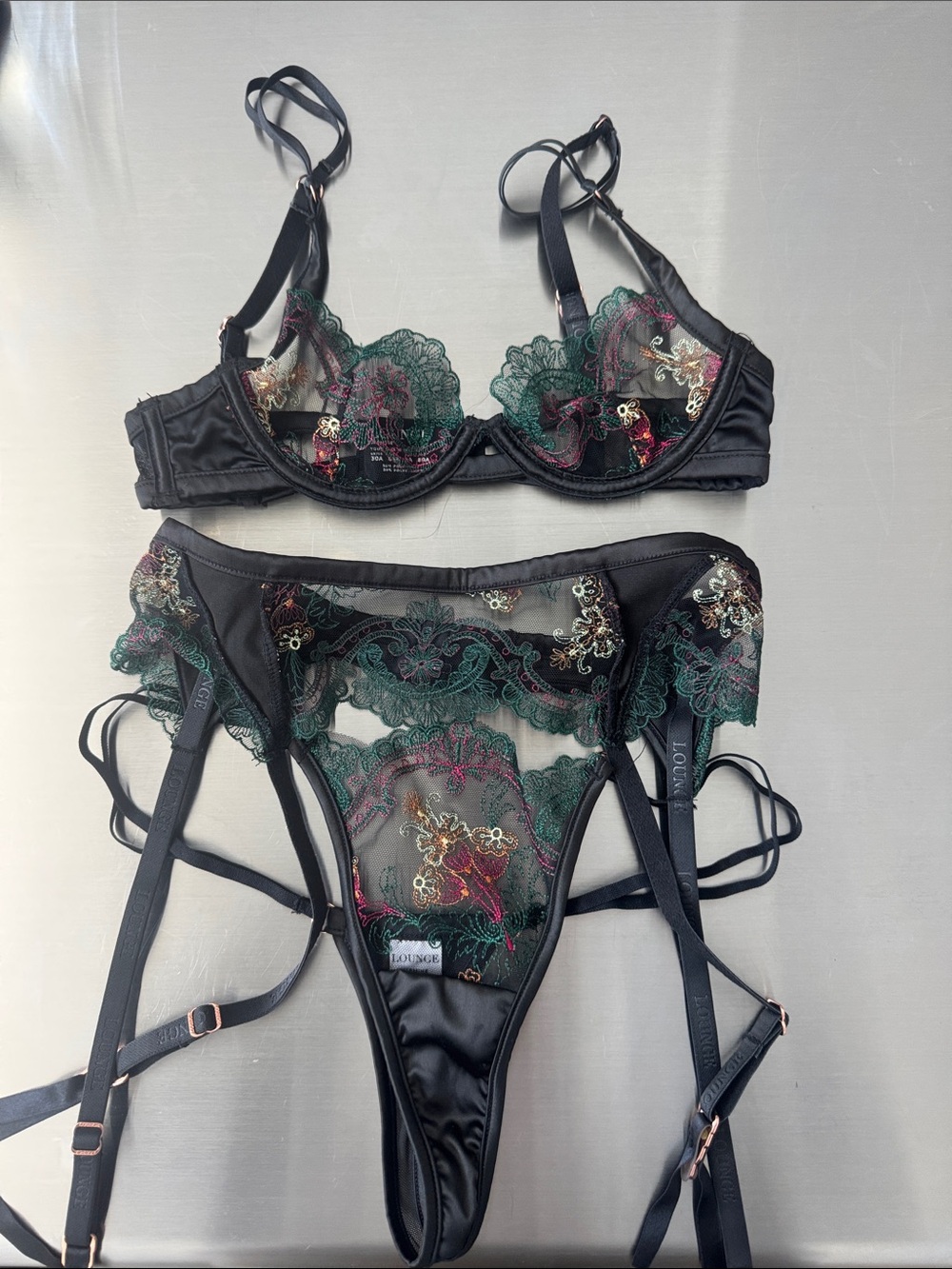 Sheer Black Lace Embroidered Bra & Garter Panty Set with Green and Pink Accents